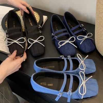 Корейские женские туфли из денима с плоским дном и неглубоким горлом, модные мокасины с квадратным носком на весну/лето
