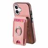 For iPhone 16 Case Skin-Touch Texture Vertical Flip Card Holder Phone Cover with Ring Holder Kickstand - Pink