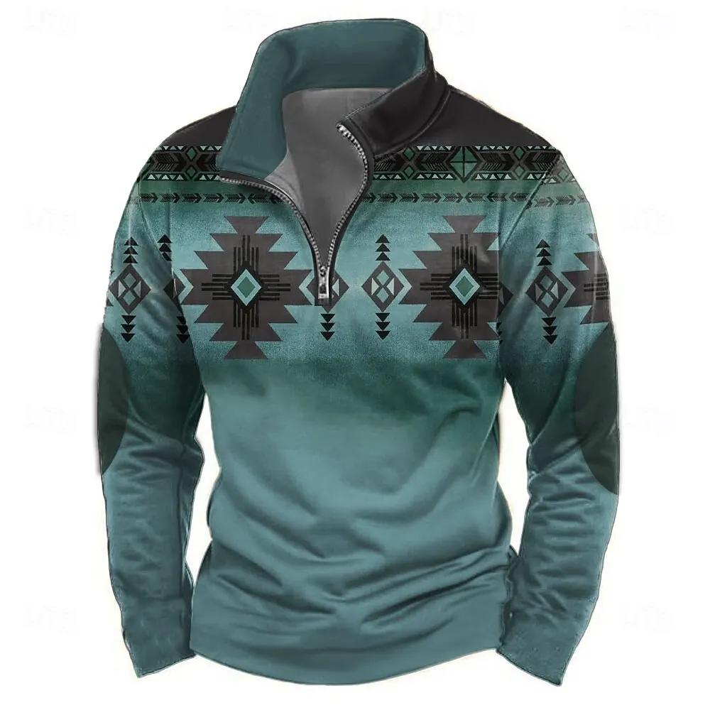 Мужские толстовки на молнии с 3D геометрическим узором, винтажные этнические, с длинным рукавом, пуловер с половинной молнией, модная уличная повседневная одежда для активного отдыха