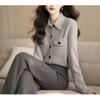 Double Pocket Lapel Grey Sweater Cardigan Women's Autumn and Winter Knitted Temperament Jacket Top