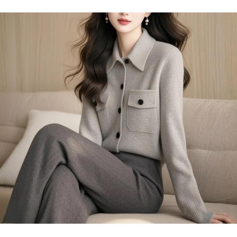 Double Pocket Lapel Grey Sweater Cardigan Women's Autumn and Winter Knitted Temperament Jacket Top