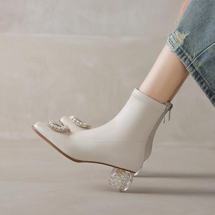 Модные новые осенне-зимние женские ботинки из искусственной кожи, короткие ботинки, модные жемчужные, с квадратным носком, эластичные ботинки для женщин, на высоком каблуке, женская обувь