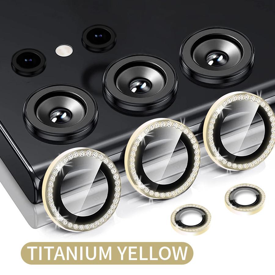 1 Set For Samsung Galaxy S24 S23 Ultra S24 S23 Plus Bling Glitter Diamond Metal Camera Lens Protector Ring with Tempered Glass