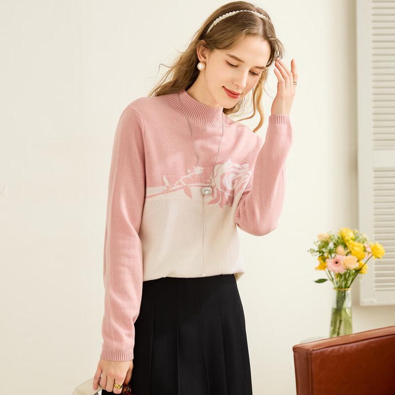 TUHUANG Женский свитер из чистой шерсти с жаккардовым узором в стиле колорблок и полувысоким воротником