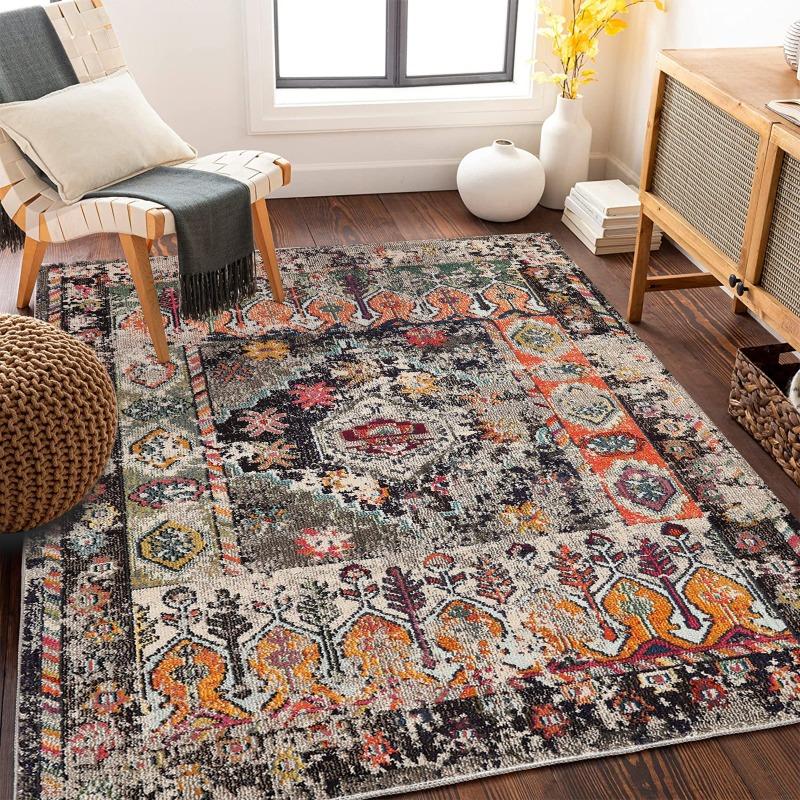 Vintage Bohemian Rugs Distressed Medallion Pattern Macrame Fringe Carpets for Boho Living Room Decor