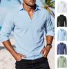 Men’s Plain-Coloured Henley-Neck Long-Sleeved Top, V-Neck Pullover Shirt, Beach Holiday Casual Shirt