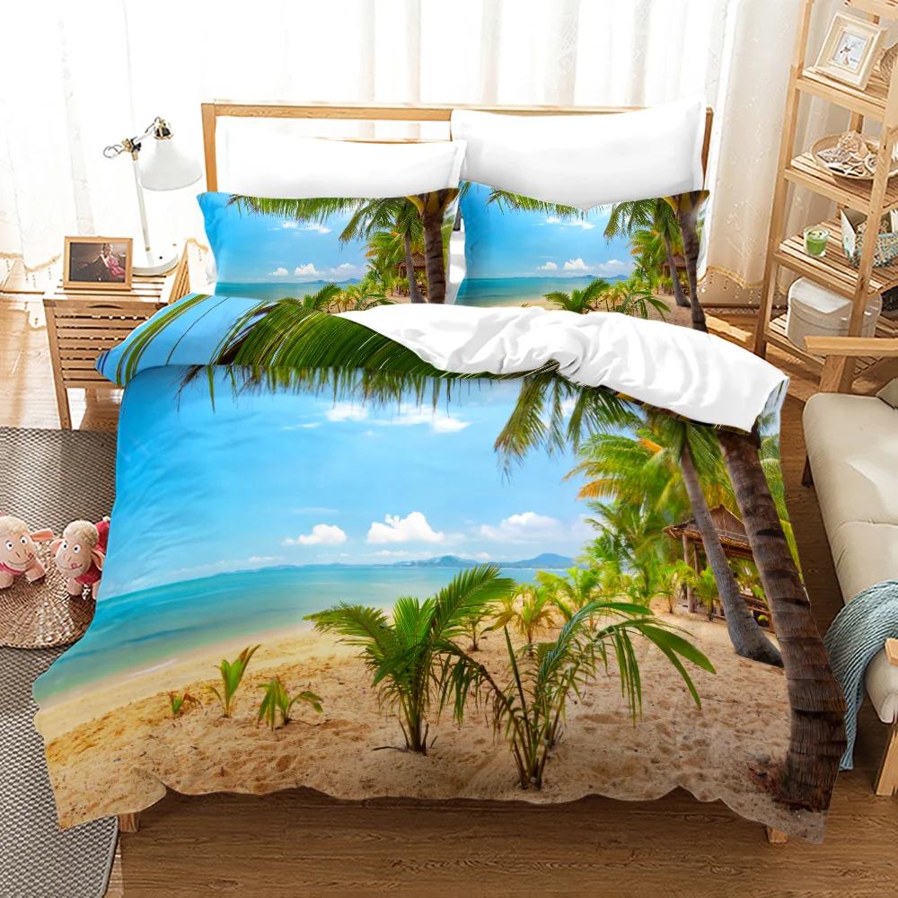 Beach Setting Sun Duvet Cover Set Tropical Island With The Palm Tree And Sea Beach Nature Theme Queen Size Quilt Cover
