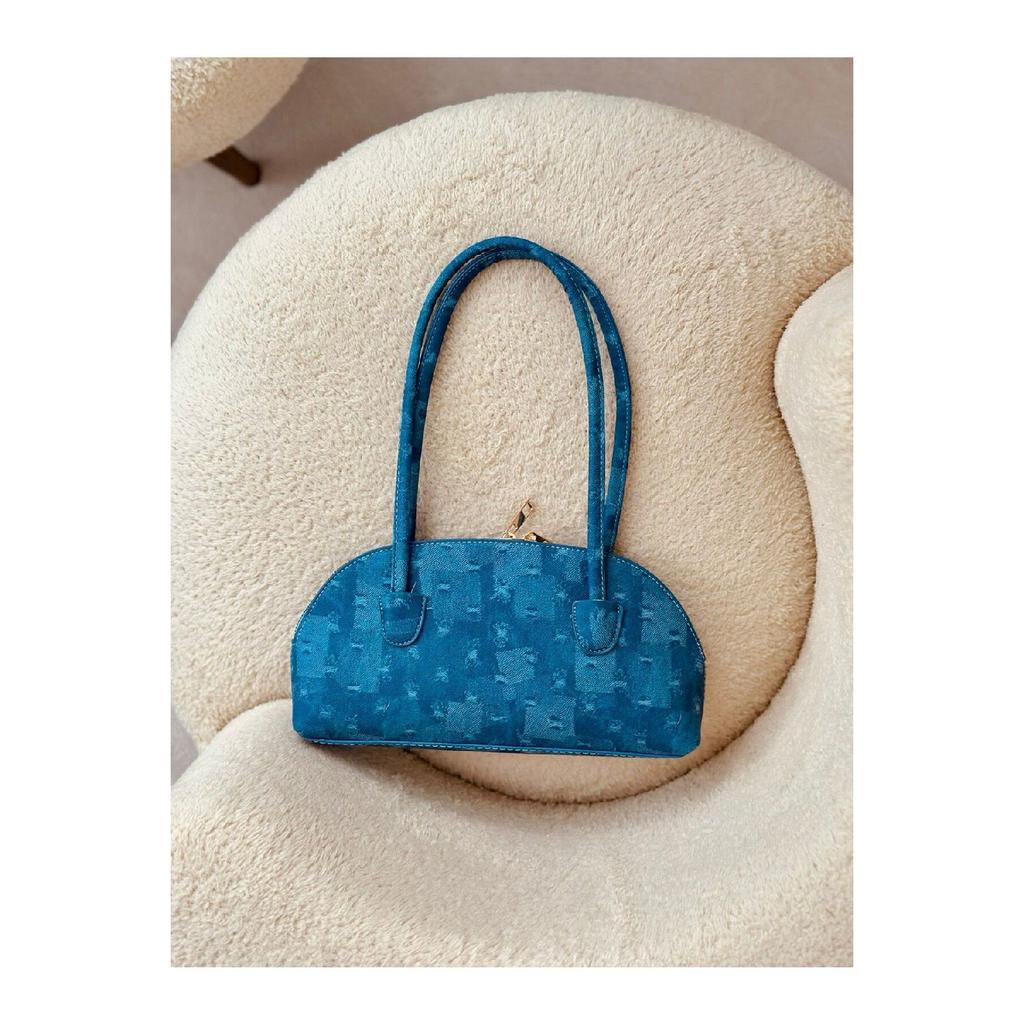 Long Handle Linen Black Women's Baguette, Hand And Shoulder Bag