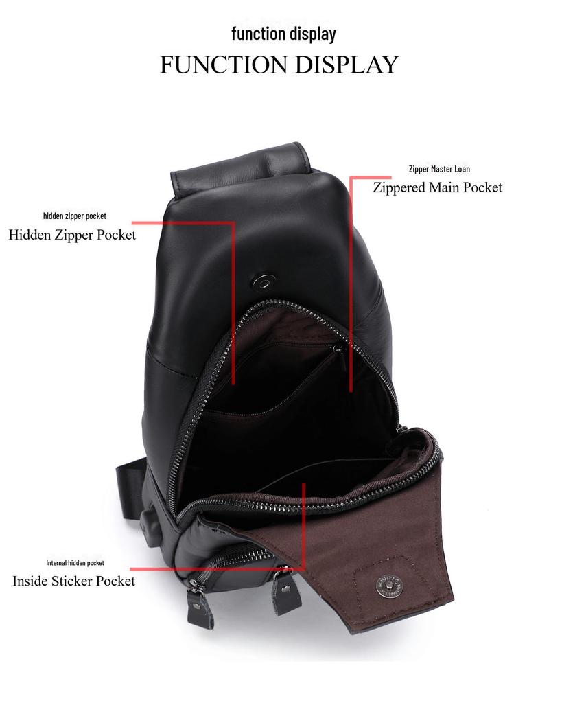 Genuine Leather Men's USB Charging Chest Bag - Business Casual Single Shoulder Messenger Bag
