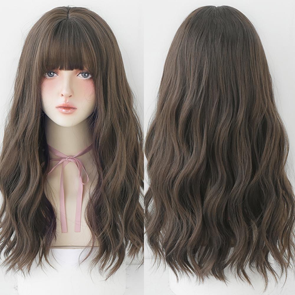 Длинный волнистый синтетический парик с челкой из натуральных волос, женский термостойкий парик для повседневного использования для косплея