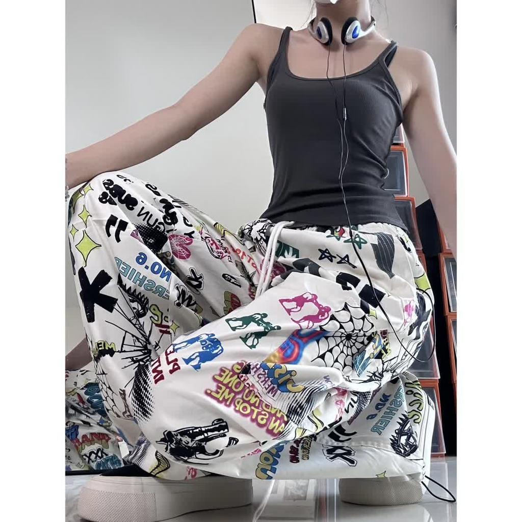 Graffiti Print Women Pants Chic Fashion Harajuku Drawstring Wide Leg Trousers Loose Pantalones Sweatpants Streetwear Korean Y2k