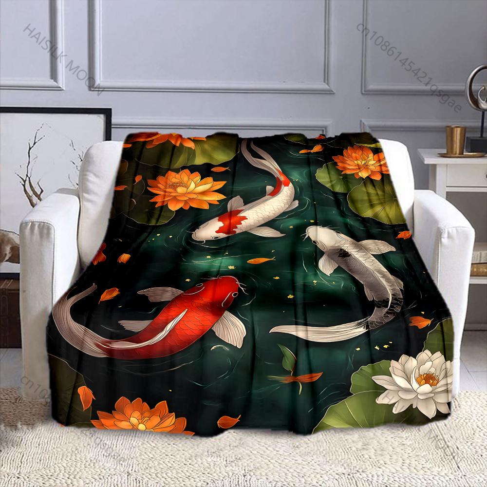 Multiple sizes Koi pond lotus leaves Print Blanket Flannel Material Soft Warm for All Seasons Home Outdoor Camping Picnics RV