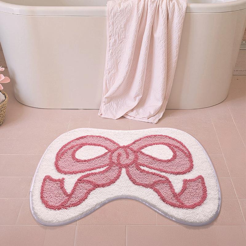 Pink Bow Bath Mat Thickened Flocked Microfiber Bathroom Rug Super Absorbent Anti-slip Foot Mats Soft and Comfortable