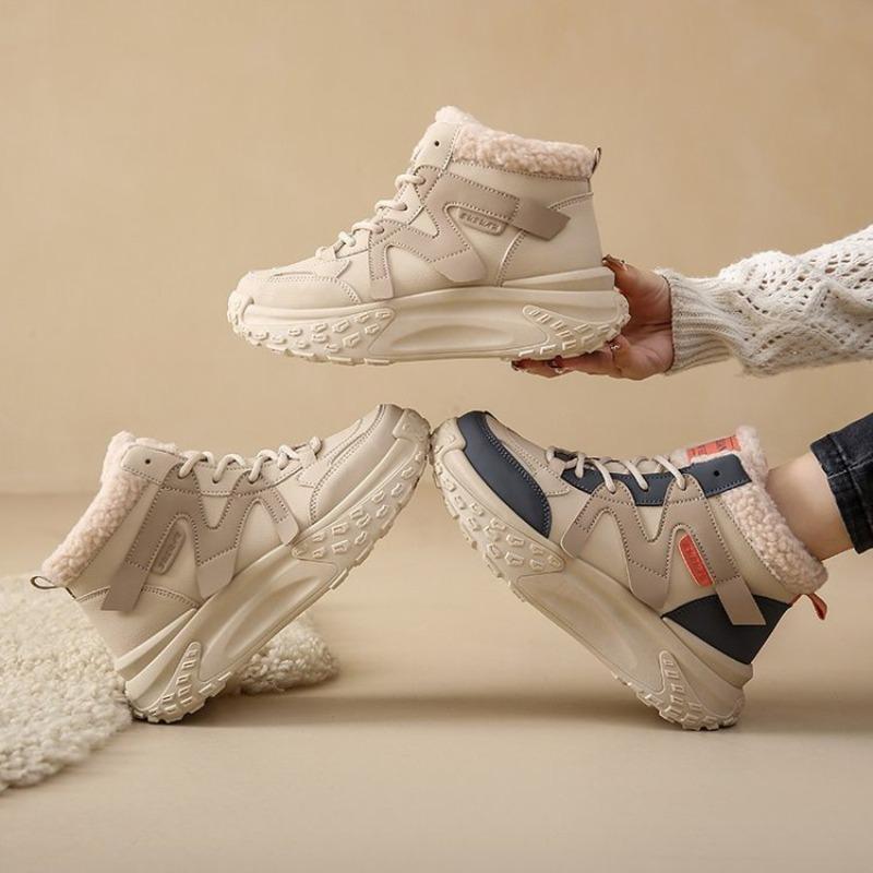 Кроссовки на толстой подошве с флисовой подкладкой для женщин, зима, новая коллекция, высокий верх, повседневные, флисовые, утолщенные, теплые, хлопковые, модные