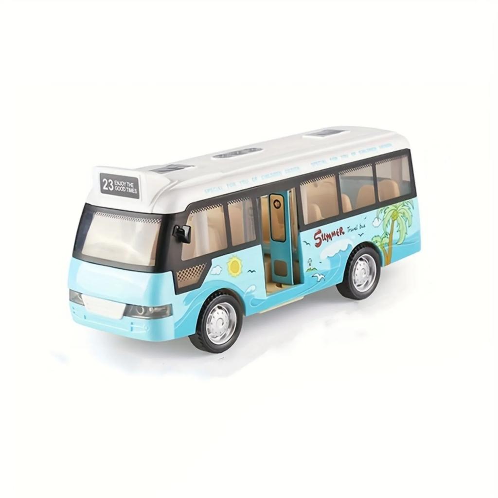 City Bus Toy Die-Cast Plastic Cars for Boys Girls Pull Back Play Vehicle with Sound Light Up Open-able Doors