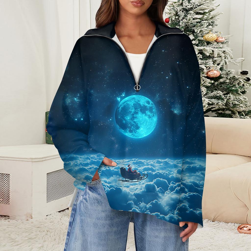 Женский повседневный свитер с полумолнией и лацканами со снежинками и разрезом сверху по бокам, модная одежда