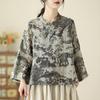 Chinese Style Stand Collar Slant Placket Ramie Top China-Chic Oriental Printed Wide Sleeved Shirt Women's Summer