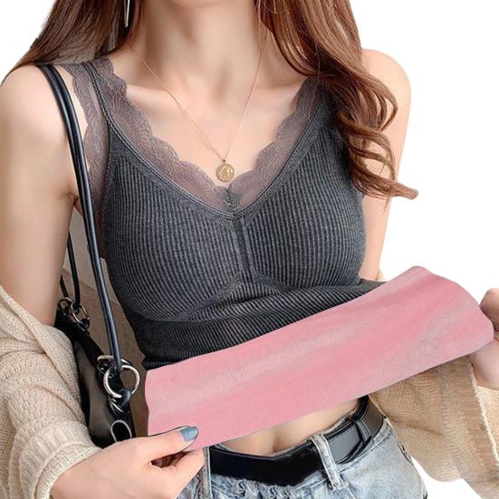 Women Thermal Vest Lace Trim Plush-lined V Neck Sleeveless Thread Solid Color Slim Fit Elastic with Chest Pads Layering