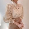 Women Stand Collar Lace Patchwork Shirts Casual Hollow Out Flower Petal Sleeve Button Tops White Shirts for Women