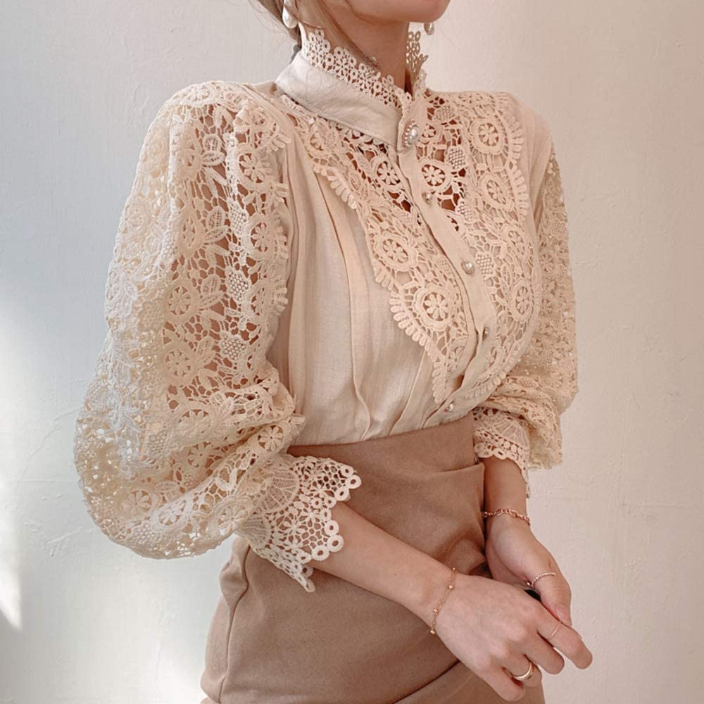 Women Stand Collar Lace Patchwork Shirts Casual Hollow Out Flower Petal Sleeve Button Tops White Shirts for Women
