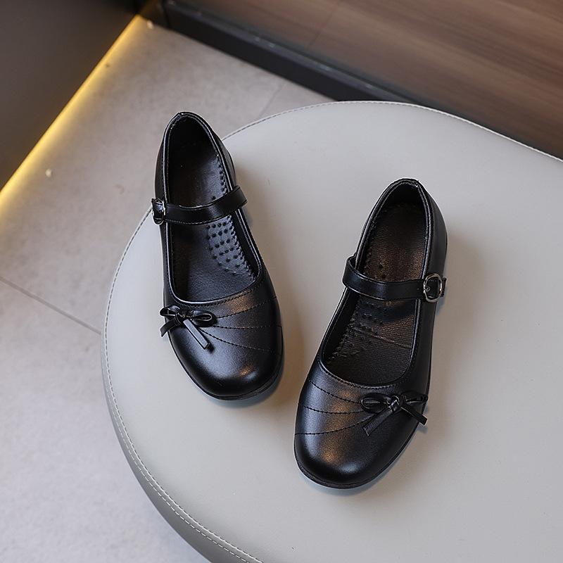 Детские кожаные туфли весна осень новые черные туфли для девочек школьные универсальные детские модные туфли принцессы с бантом на плоской подошве