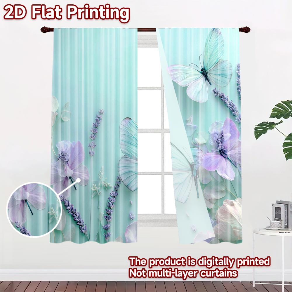 2D flat printing 2pcs Curtains Butterflies Lavender Flowers Dreamy Digital Printed Polyester Drapes All Season Party & Holiday