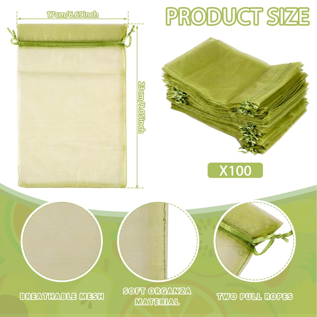 100pcs Fruit Protection Bags Pest Control Anti-Bird Drawstring Garden Netting Bags Breathable Reusable Organza Mesh Fruit Bag