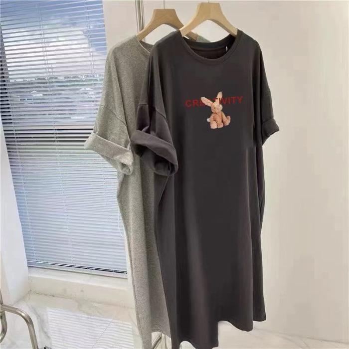 New Korean version medium and long temperament large size loose straight casual short-sleeved T-shirt dress children's summer ins tide