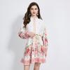 Spring Autumn Women Vintage Print Single Breasted Lantern Sleeve Mini Short Holiday Beach Dresses With Belt