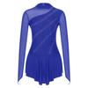 Womens Girls Figure Skating Dance Dresses Glitter Rhinestone Sheer Mesh Patchwork Long Sleeve Leotard Dress