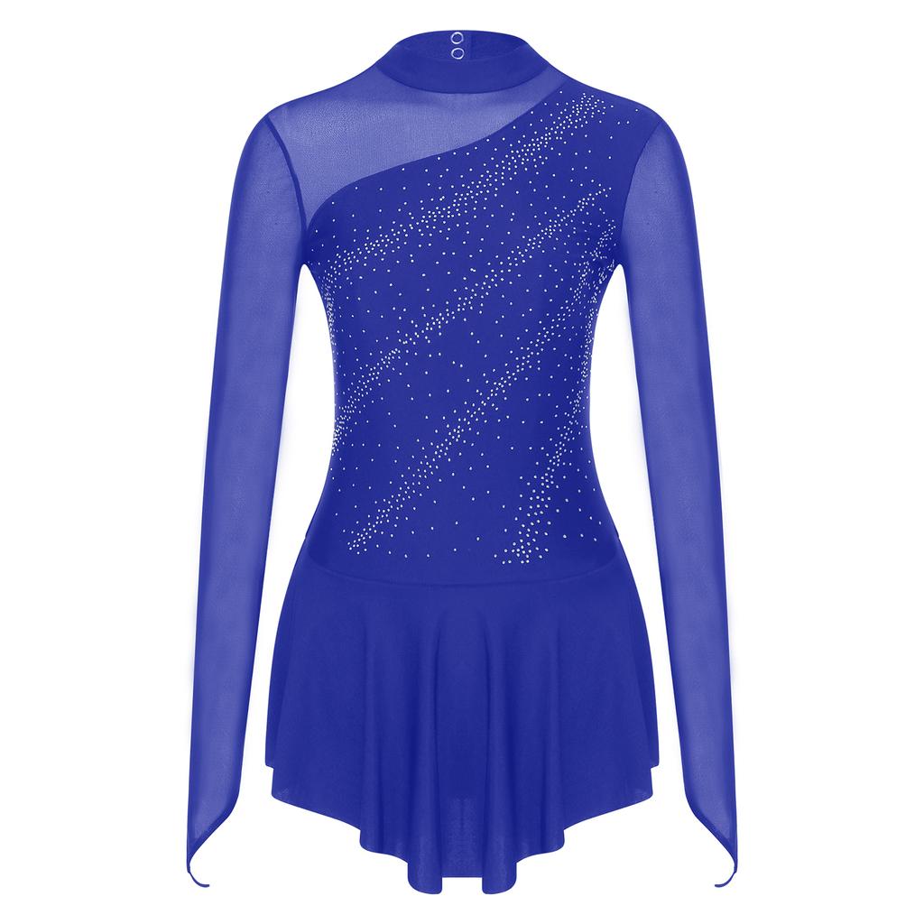 Womens Girls Figure Skating Dance Dresses Glitter Rhinestone Sheer Mesh Patchwork Long Sleeve Leotard Dress