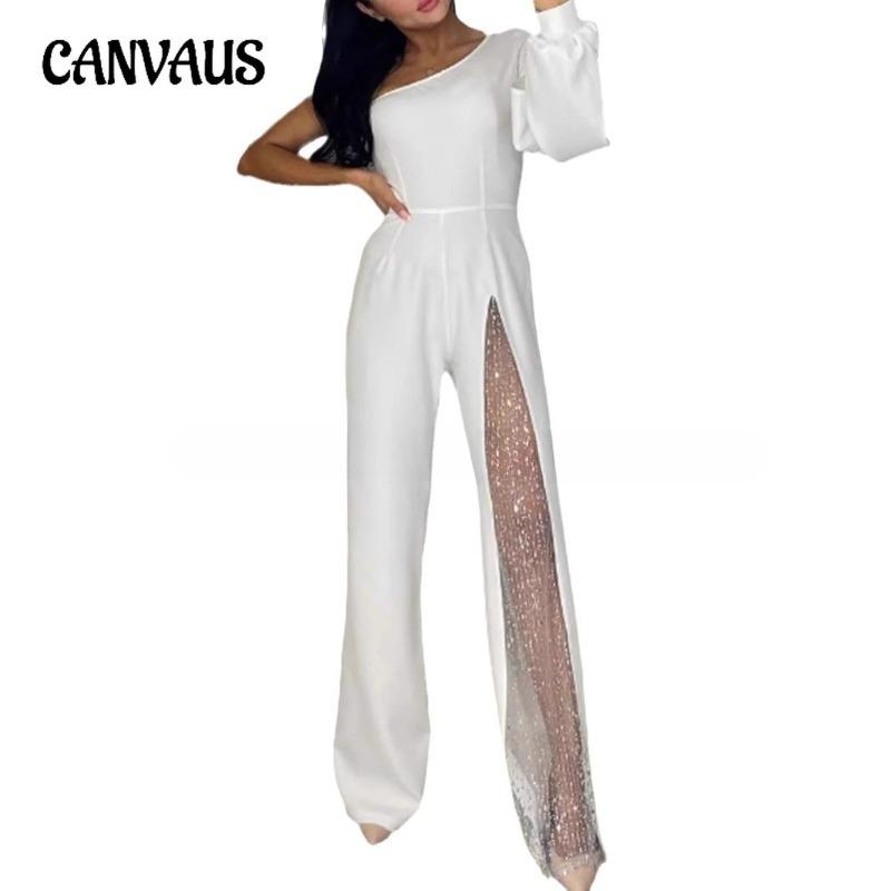 Women's Plus Size Fashion Sexy Oblique Shoulder High Split Jumpsuit