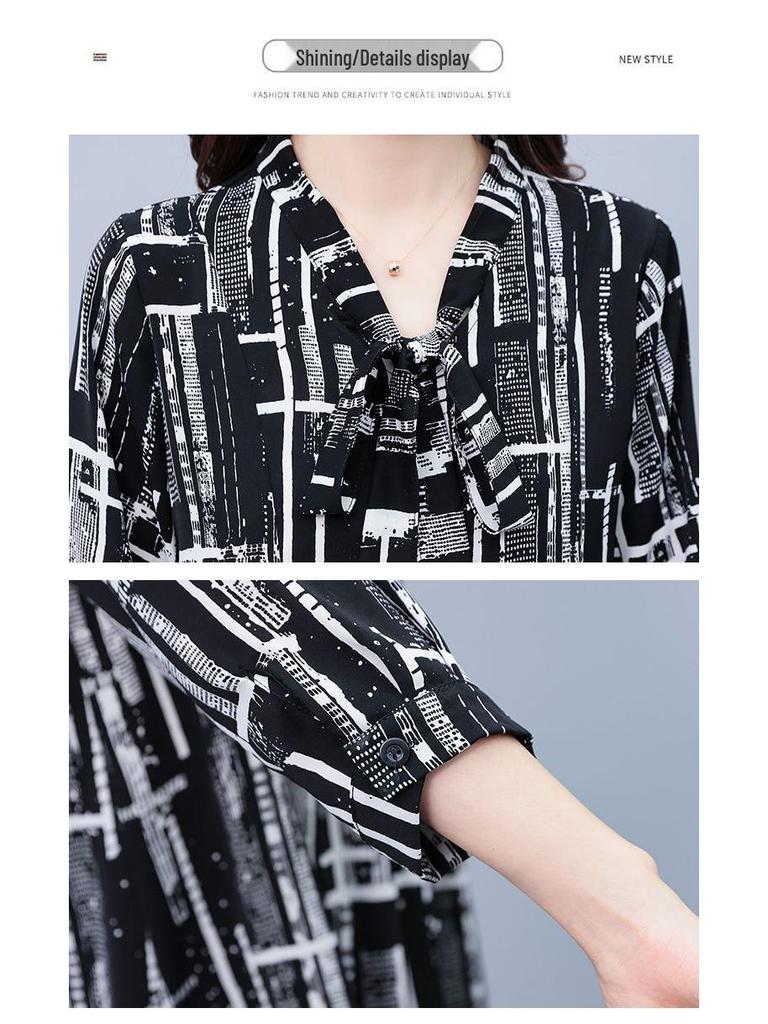 Стильная шифоновая блузка для матерей среднего возраста - Весна/Лето 2024, Свободный крой, Большой размер, Топ с рукавом 3/4