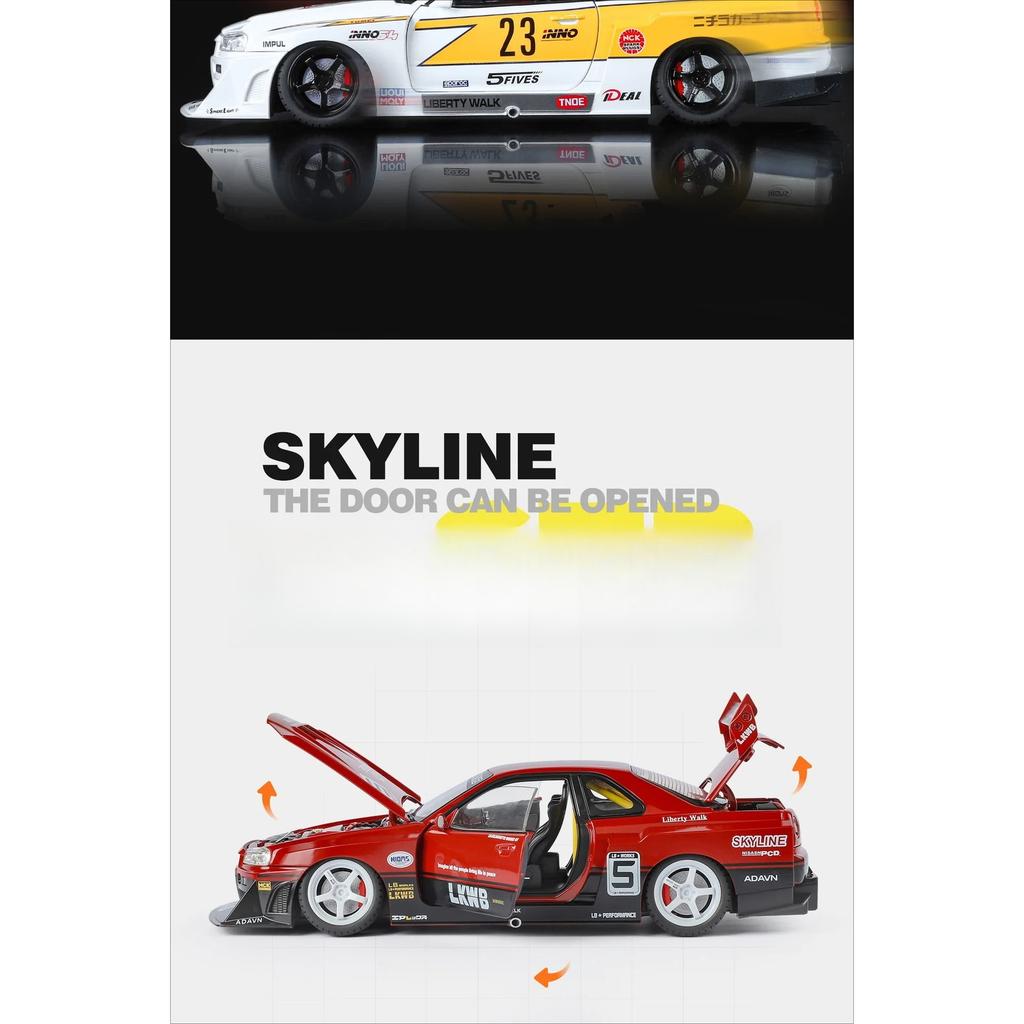 1/18 Nissan Skyline Ares GTR R34 Alloy Modified Wide Body Sports Car Model Diecast Raing Vehicle Car Model Sound Light Kids Gift