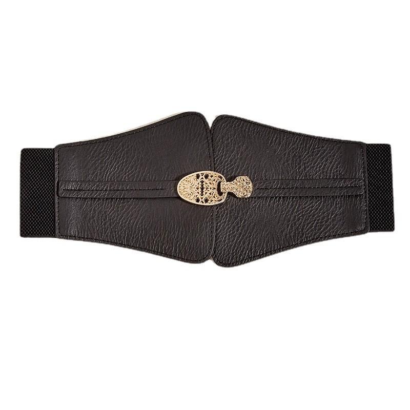 Fashion Gold Buckle Decoration Women Casual Black Faux Leather Belt For Dress And Coat Fashion Accessory
