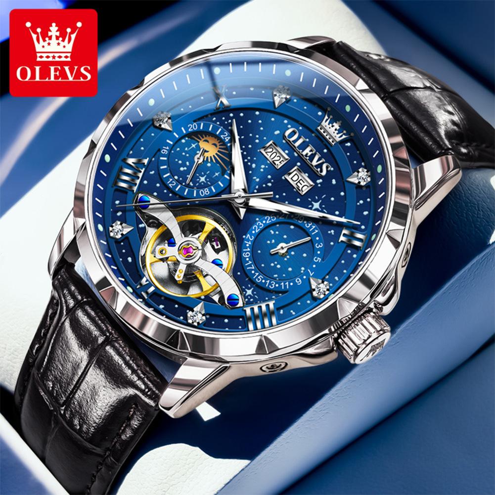 OLEVS 6690 Men's Watches Fashion Business Date Moon Phase Mechanical Men Watches Luxury Hollow Original Waterproof Watch for Men