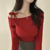 Korean Early Autumn Womens Knit Sweater Asymmetric Slit Neck Hot Girl Style Tie Detail Knit Top