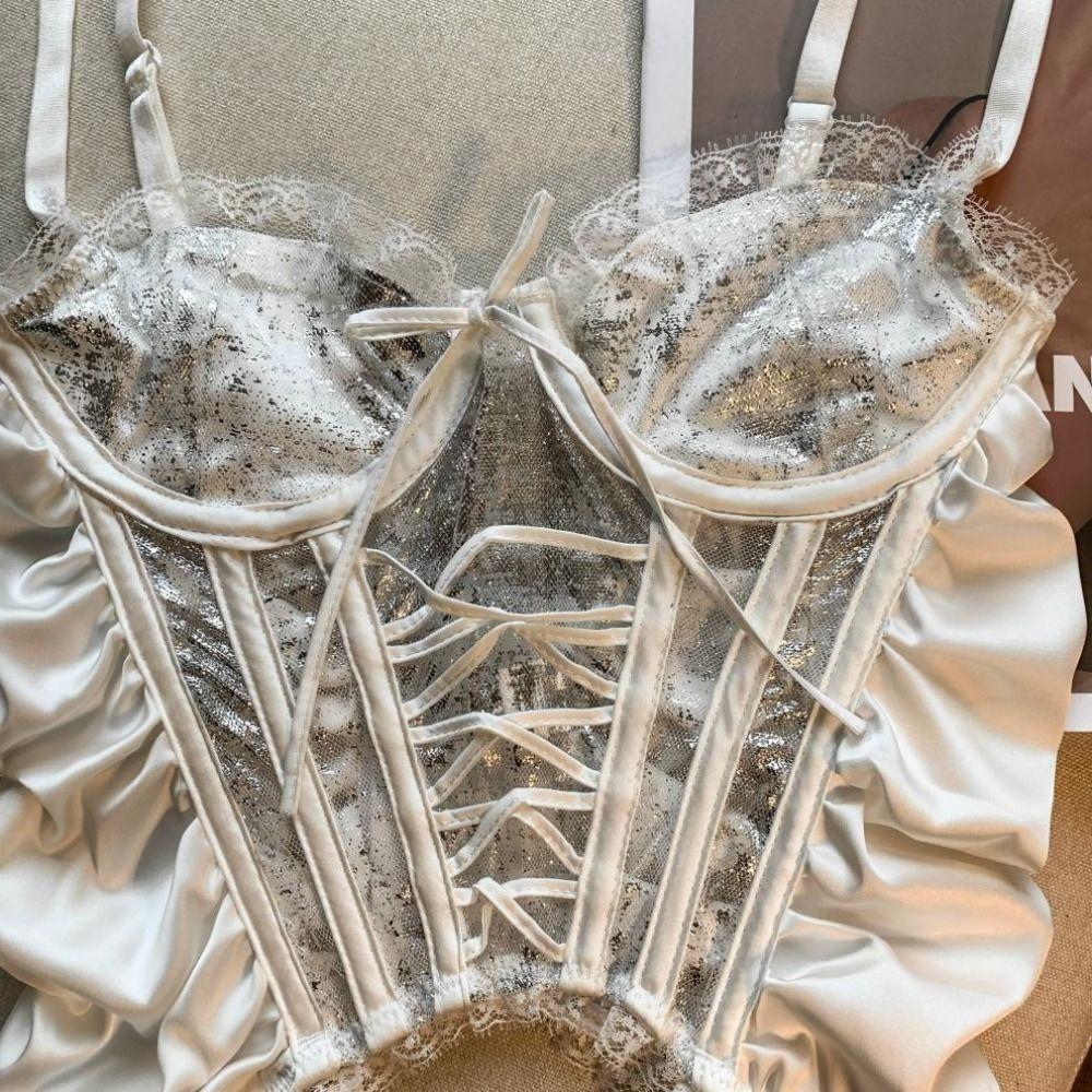 Sleeveless Satin Lace-up Corset Ruffle Slim Crop Tops Spicy Girl Style Suspender Vest Travel
