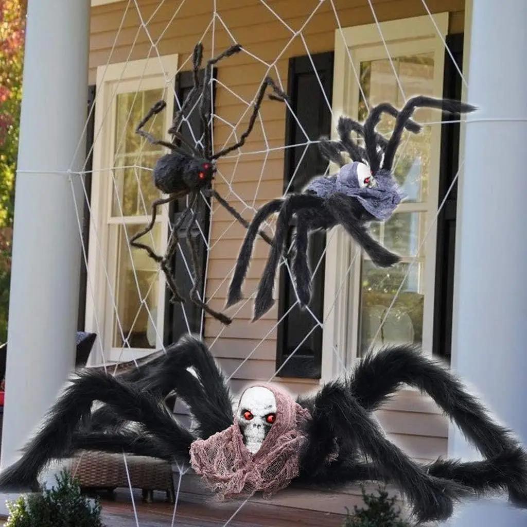 Theme Fluffy Spider Skull Veil Realistic Fake Spiders Halloween Decor Scary Haunted House Prop Cobweb Creepy Party Decoration
