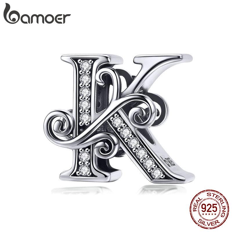 BAMOER 100% 925 Sterling Silver Letter K Alphabet Beads Charms Fit Charm Bracelets & Bangles DIY