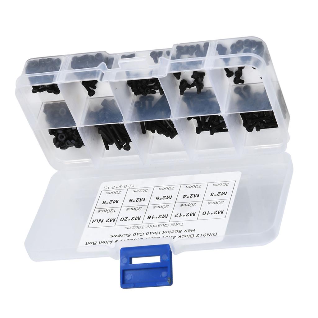 Комплект из 300 болтов и гаек M2 x 320 мм из черной легированной стали класса 12.9 с шестигранным углублением под ключ