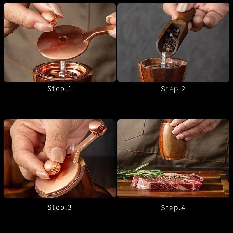 Hand Acacia Wood Pepper Grinder Set Vase Shape Black Pepper Grinder with Base Adjustable Ceramic Core Salt Shaker Grinding Tools