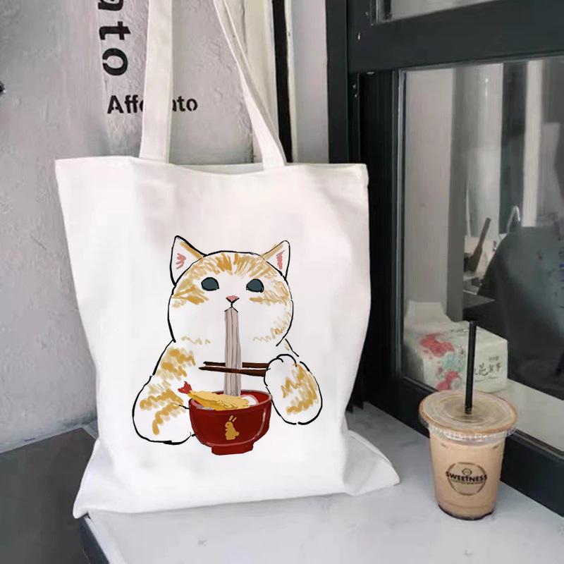 Harajuku Kawaii Cat Cartoon Canvas Bag Shopper Bag Letter Print Large Capacity Houlder Bags Shopping Bag Casual Fashion Tote Bag