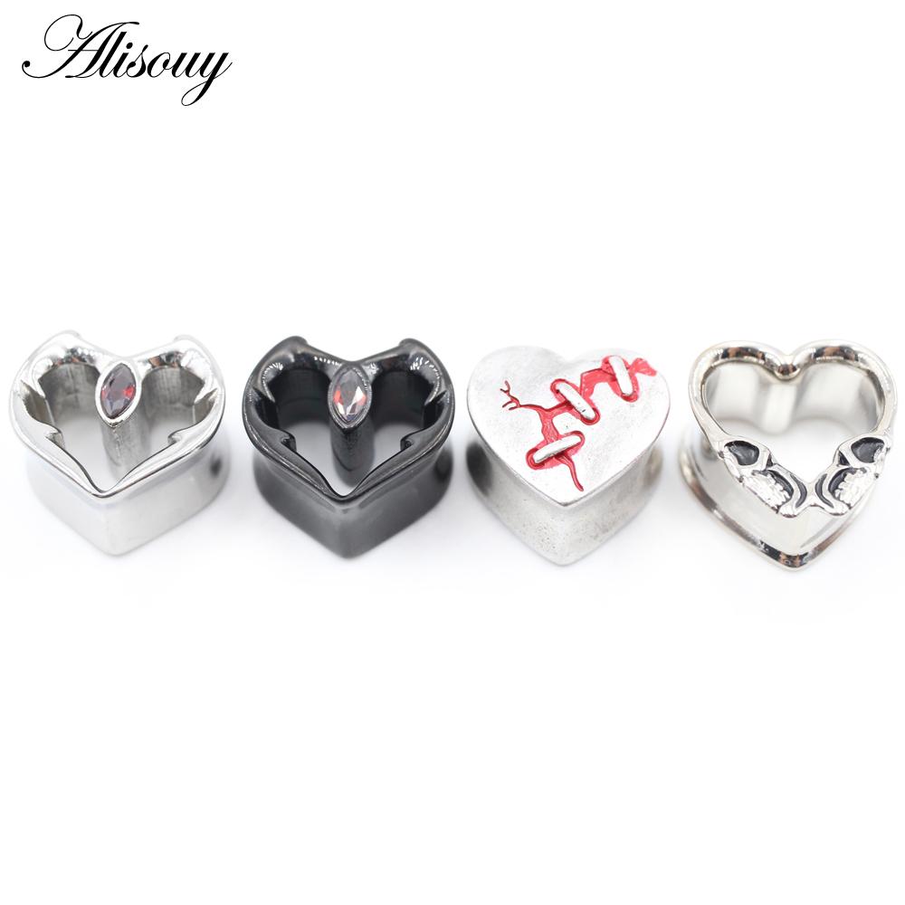 Alisouy 1PC Нержавеющая сталь Сердце Череп Глаз Красный циркон Ушные туннели Пробка Расширитель Растяжитель Измерители Серьги Пирсинг Украшения для тела