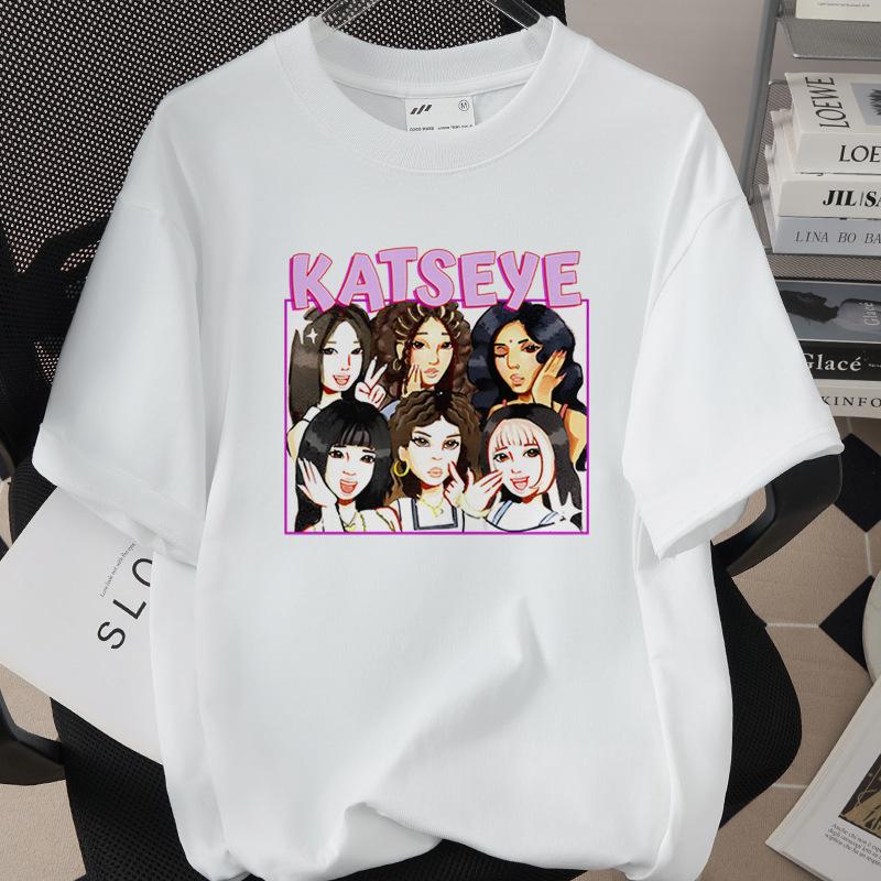 KATSEYE Girl Group Cartoon Print T-Shirt Oversized Trendy Top 260gsm Cotton Short Sleeve White 60123-7