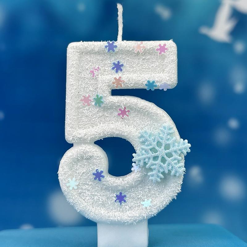 1 шт. Цифра 0-9 с блестками на день рождения, украшение для торта, белые цифровые свечи без Смога, свечи на день рождения, тема снежинки