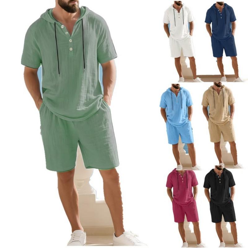 Men Solid Color Loose Hooded Short Sleeve Shorts Casual Two Piece Set