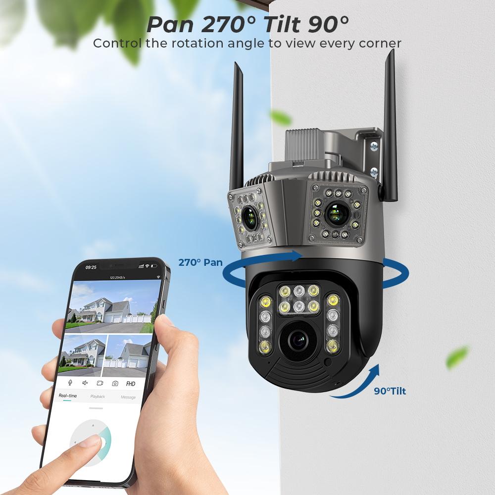 6K 12MP Wifi камера PTZ три экрана наружное автоматическое слежение ночное видение охранная система видеонаблюдения камера IP iCSee