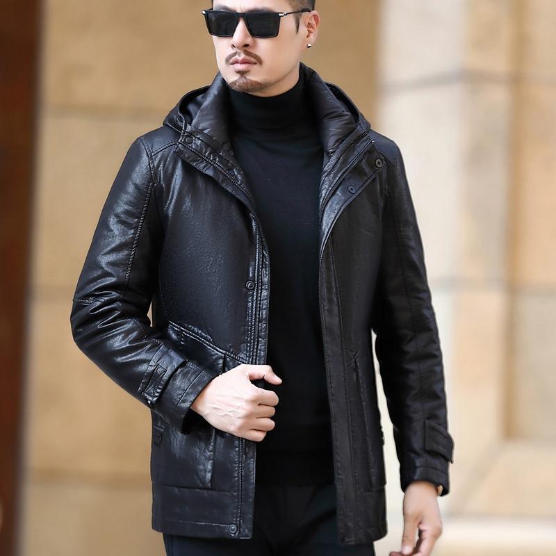 Middle-aged Genuine Leather Jacket Men's Casual Thickened Mid-length Leather Down Jacket Plus Velvet Jacket Hat Coat Winter