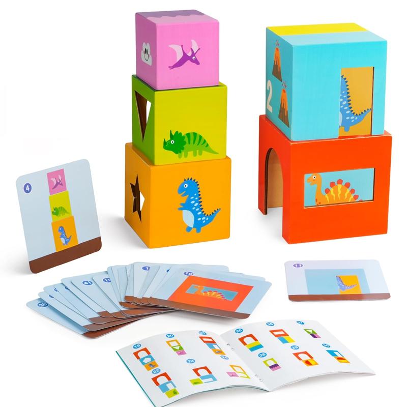 Puzzles Toys for Toddler 5PCS Wooden Box To Build and Stack Montessori Colours Numbers Recognition Toy With 24 Cards Logic Toy